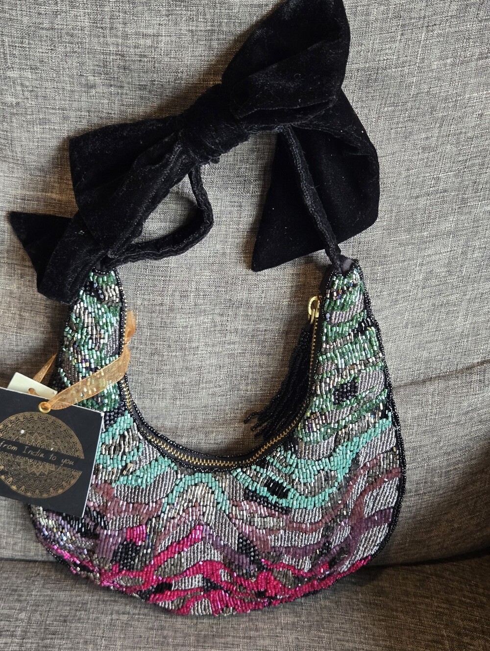 From India To You Beaded Hobo Bag Velvet Bow Handle Tassel NWT